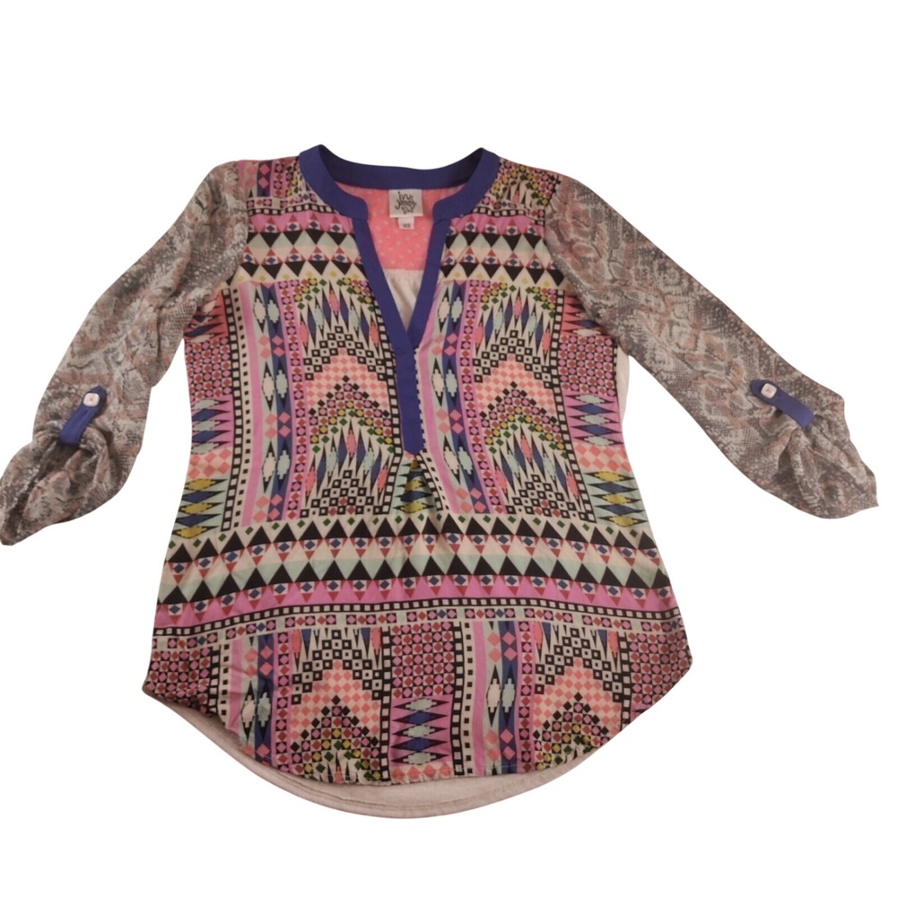 Ivy Jane Shirt roll tab sleeve Extra Small Pink Blue Geometric Print Blouse XS